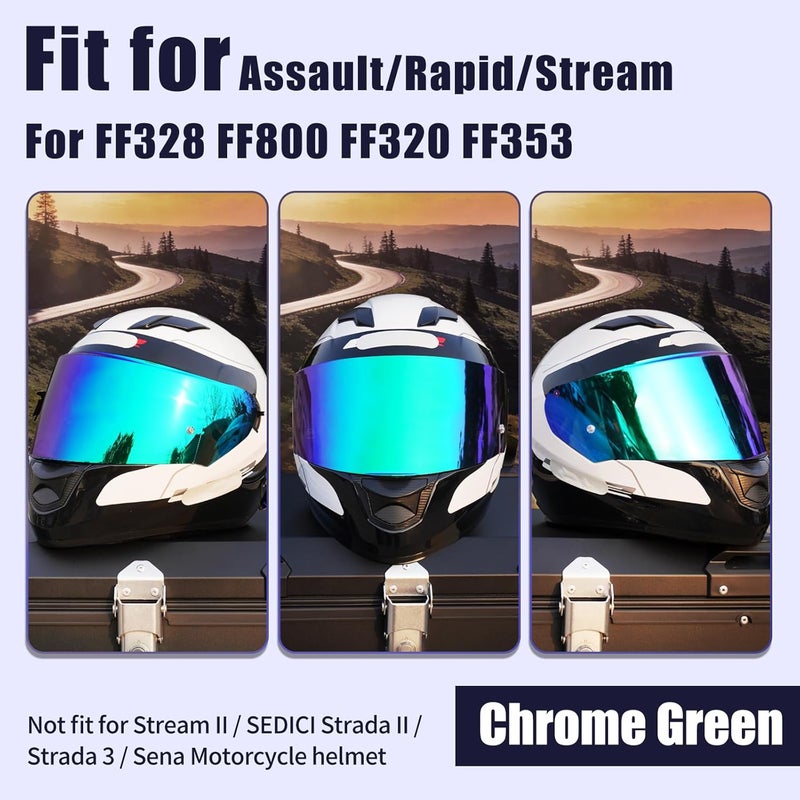 VCOROS Helmet Shield For Assault/Rapid/Stream Full Face Shield Compatible with FF800 FF320 FF328 FF353 Street Motorcycle Helmet Visor Replacement(Chrome Green) - Image 2